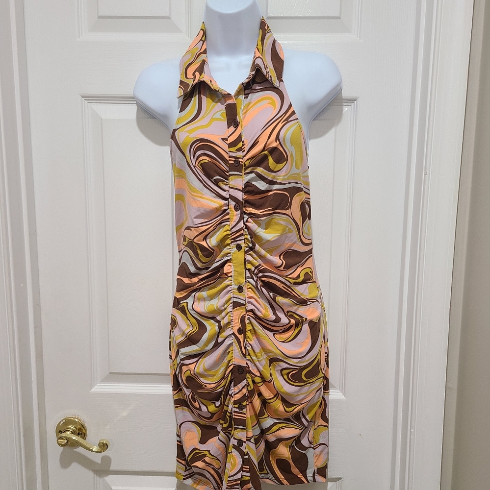 Rue21 Dress Womens M Button Up Multicolor Bodycon Collared Sleeveless Retro New